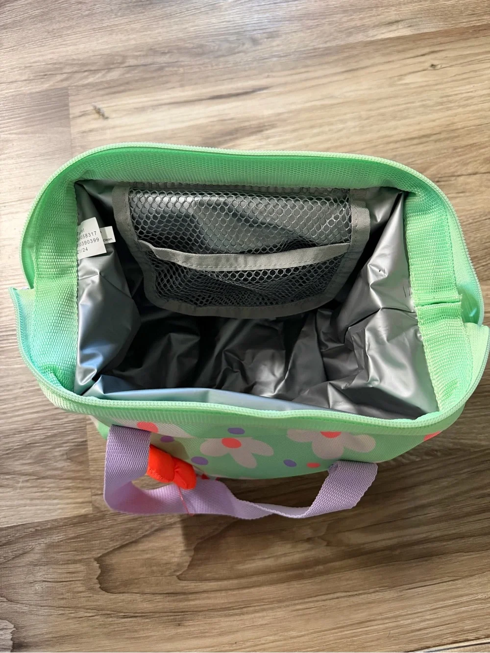 Mint Green Floral Lunch Tote with Lavender Handles